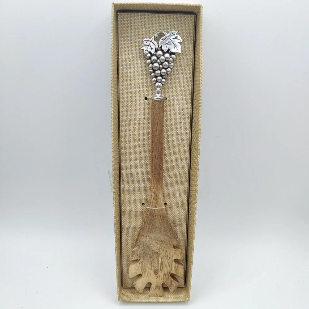 Bamboo Salad Server With Silver Metal Grape Accents